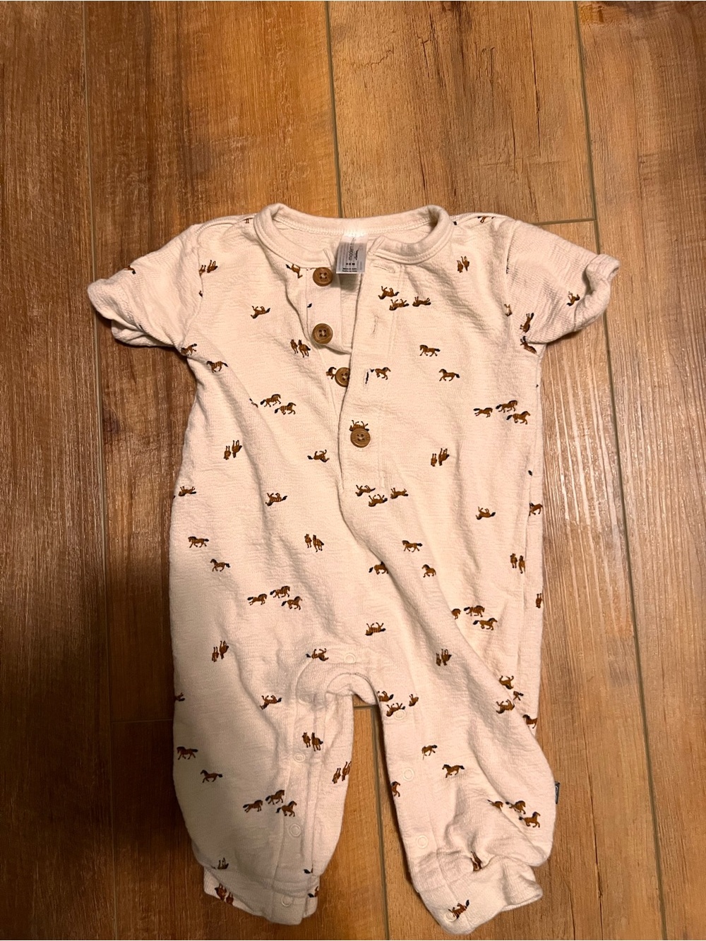 Cream Baby One-Piece Romper with Horse Print